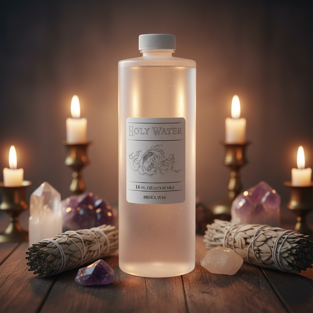 Design a mystical, lifestyle editorial scene featuring the blessed holy water in a sacred ritual setting. Position the 16-ounce bottle on a rustic wooden altar adorned with crystals, sage bundles, and candles softly glowing in the background. Use rim light