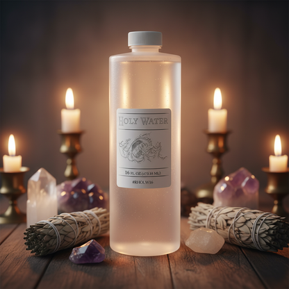 Design a mystical, lifestyle editorial scene featuring the blessed holy water in a sacred ritual setting. Position the 16-ounce bottle on a rustic wooden altar adorned with crystals, sage bundles, and candles softly glowing in the background. Use rim light