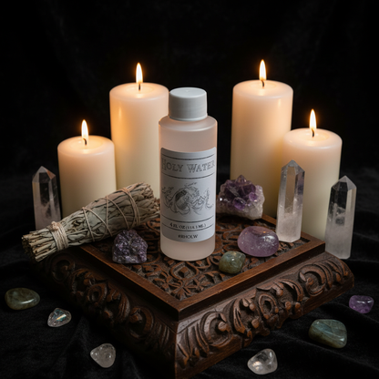 Create a dramatic, mystical scene featuring the Blessed Holy Water bottle placed on an ornate altar or ritual table, surrounded by softly glowing candles, sage bundles, and crystals. Use HDR studio lighting to create a warm, ethereal ambiance, emphasizing 