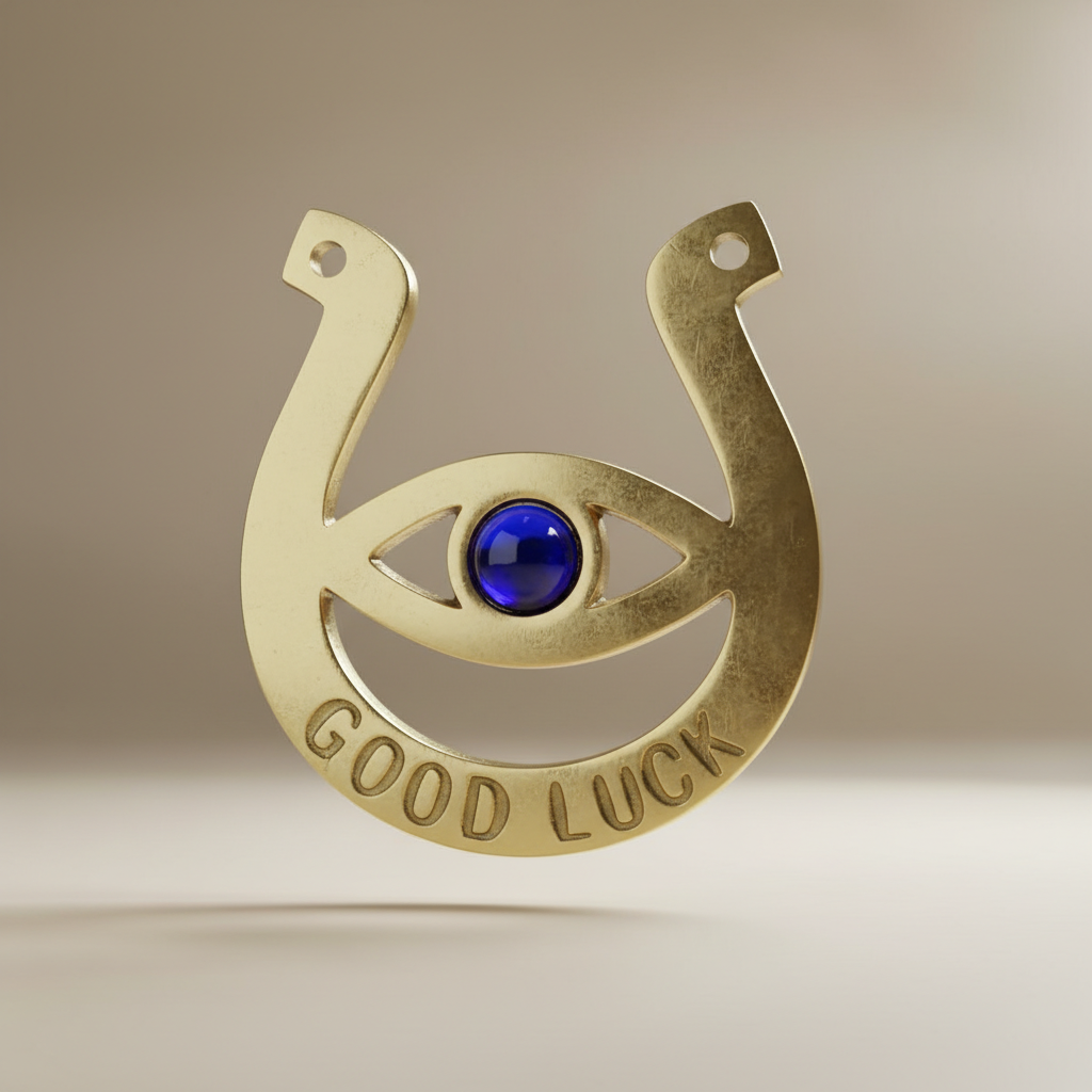 Create a cinematic studio shot of the 'Eye horseshoe' decorative charm hanging prominently against a softly blurred, elegant neutral-toned backdrop. Use HDR studio lighting with a diffuse softbox to evenly illuminate the textured brass surface, highlightin