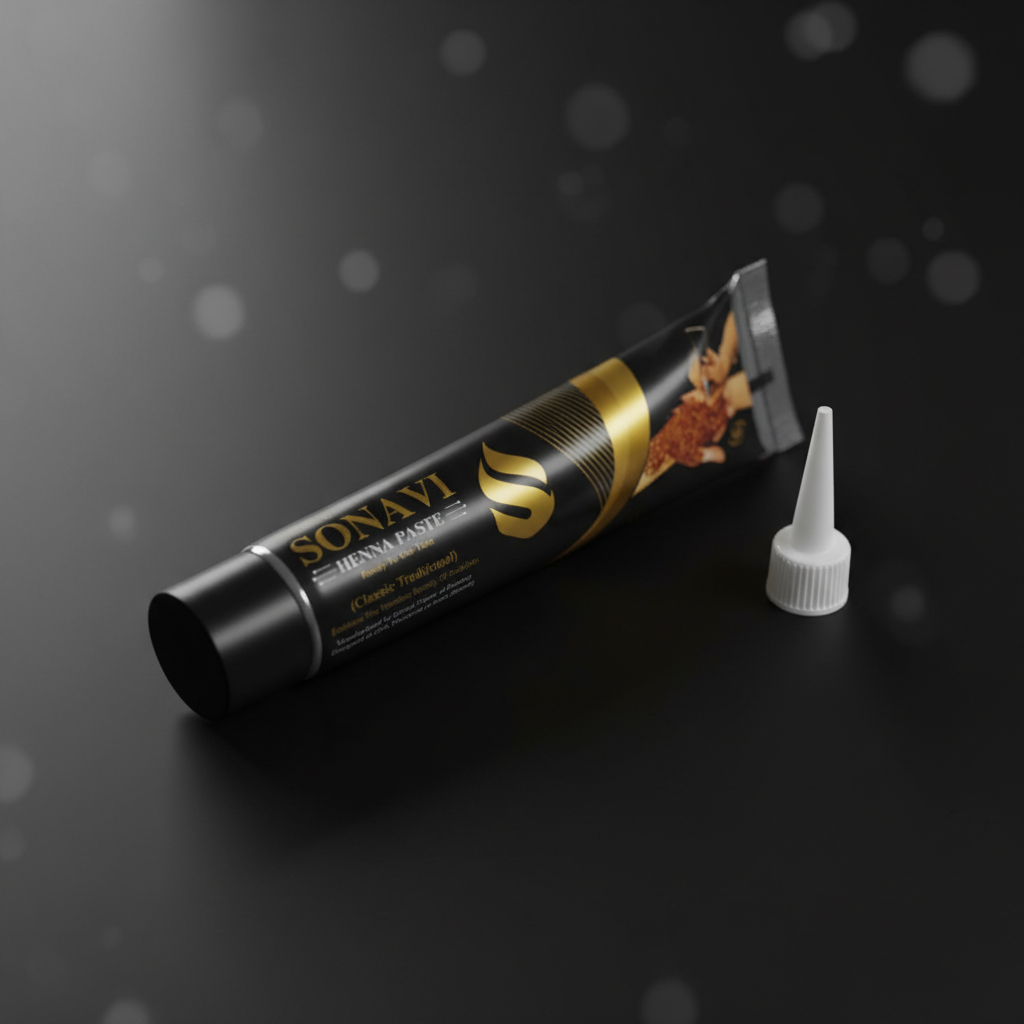 A close-up shot of the Sonavi Henna Paste jar, illuminated with softbox studio lighting that highlights its textured, earthy exterior and intricate design on the label. The camera is positioned at a slight angle with a macro lens, focusing sharply on the p