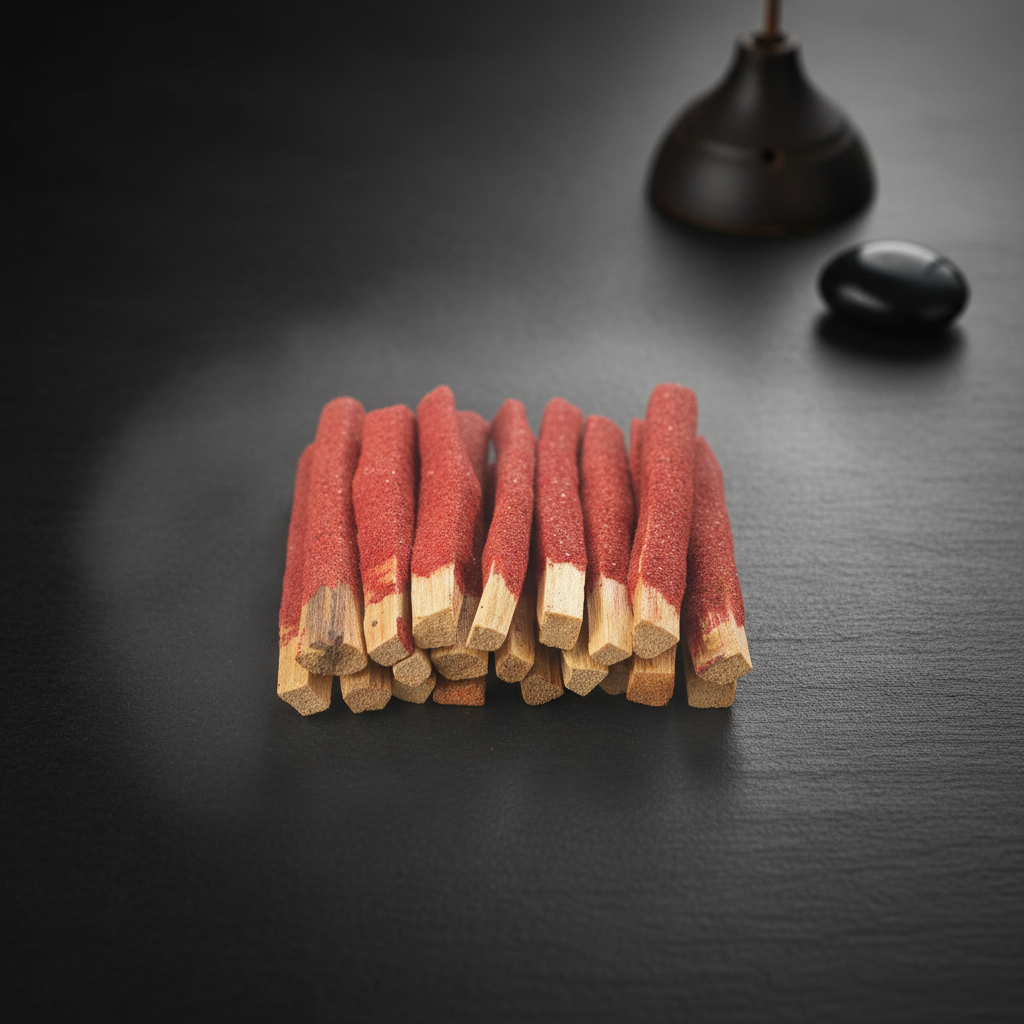 Create a high-resolution, cinematic studio shot of a neatly arranged set of 25 sandalwood Palo Santo dip sticks, captured from a top-down angle at 50mm focal length with a shallow depth of field. The scene features a dark, textured matte surface background