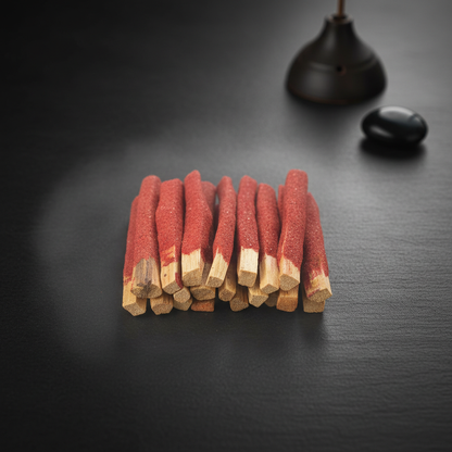 Create a high-resolution, cinematic studio shot of a neatly arranged set of 25 sandalwood Palo Santo dip sticks, captured from a top-down angle at 50mm focal length with a shallow depth of field. The scene features a dark, textured matte surface background