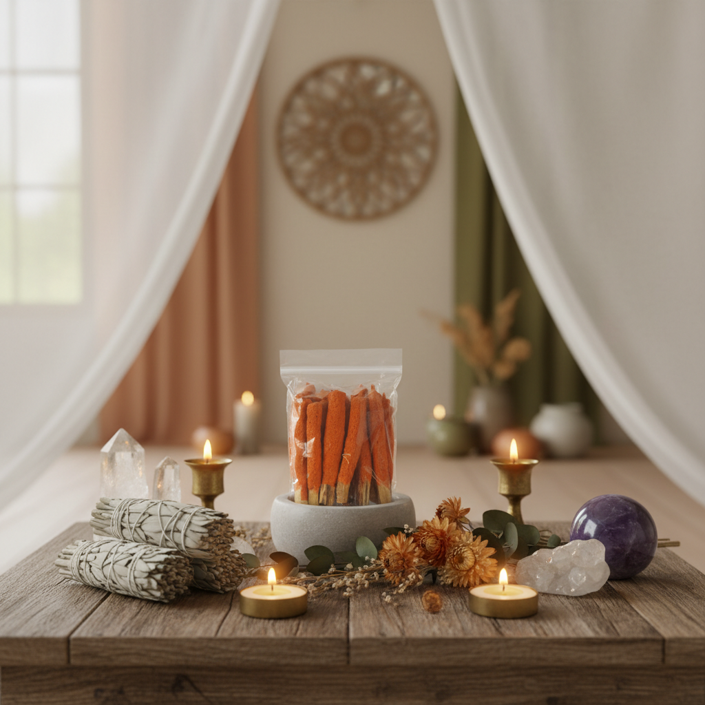Design a serene, lifestyle setting featuring the Sun Kissed Palo Santo Dip Sticks displayed on a rustic wooden altar surrounded by spiritual and botanical accessories such as sage bundles, crystals, and soft candlelight. Shot from a slightly low angle with