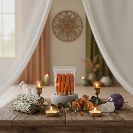Design a serene, lifestyle setting featuring the Sun Kissed Palo Santo Dip Sticks displayed on a rustic wooden altar surrounded by spiritual and botanical accessories such as sage bundles, crystals, and soft candlelight. Shot from a slightly low angle with