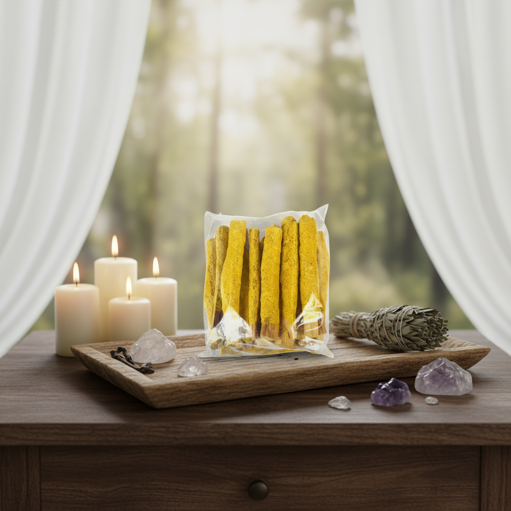 Create an atmospheric lifestyle setting in a softly lit meditation or ritual space, featuring the set of 25 Frankincense Palo Santo sticks artistically arranged on a rustic wooden altar or tray, surrounded by calming elements such as white candles, sage bu