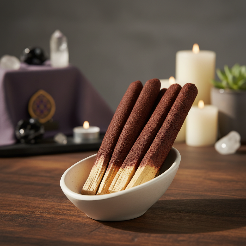 Create a highly detailed, professional studio scene featuring the Dragon's Blood Palo Santo Dip Sticks Set of 25 in a tranquil, spiritual environment. The sticks are arranged in an elegant, minimalist ceramic dish on a textured wooden surface with rich, wa