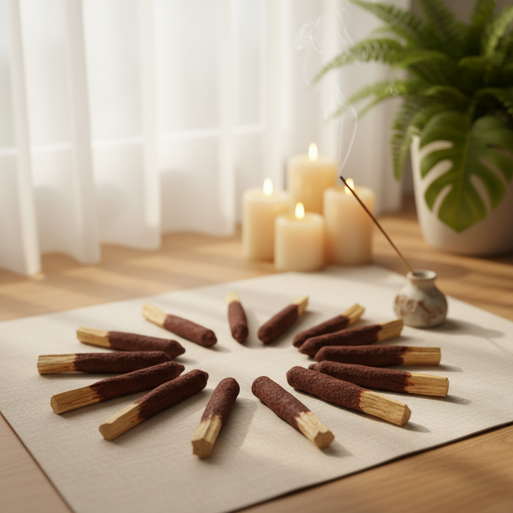 Design a vivid lifestyle scene displaying the Dragon's Blood Palo Santo Dip Sticks set in a serene meditation nook. The sticks are arranged in a circular pattern atop a smooth, light-colored fabric, scattered naturally to suggest ease of use for spiritual 