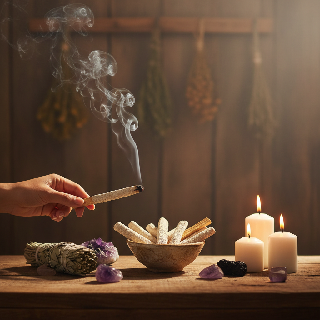 Create a cinematic lifestyle scene featuring the White Copal Palo Santo Dip Sticks prominently displayed on a rustic wooden altar or meditation table bathed in warm, directional rim lighting. Show an open hand holding a lit stick, with delicate smoke risin
