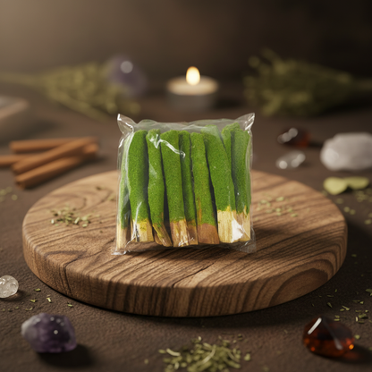 Create a cinematic, high-resolution studio shot of the Apple Cinnamon Palo Santo Dip Sticks set of 25, arranged gracefully on a rustic wooden surface. Use softbox lighting to highlight the warm, inviting tones of the sticks and their aromatic textures, cap