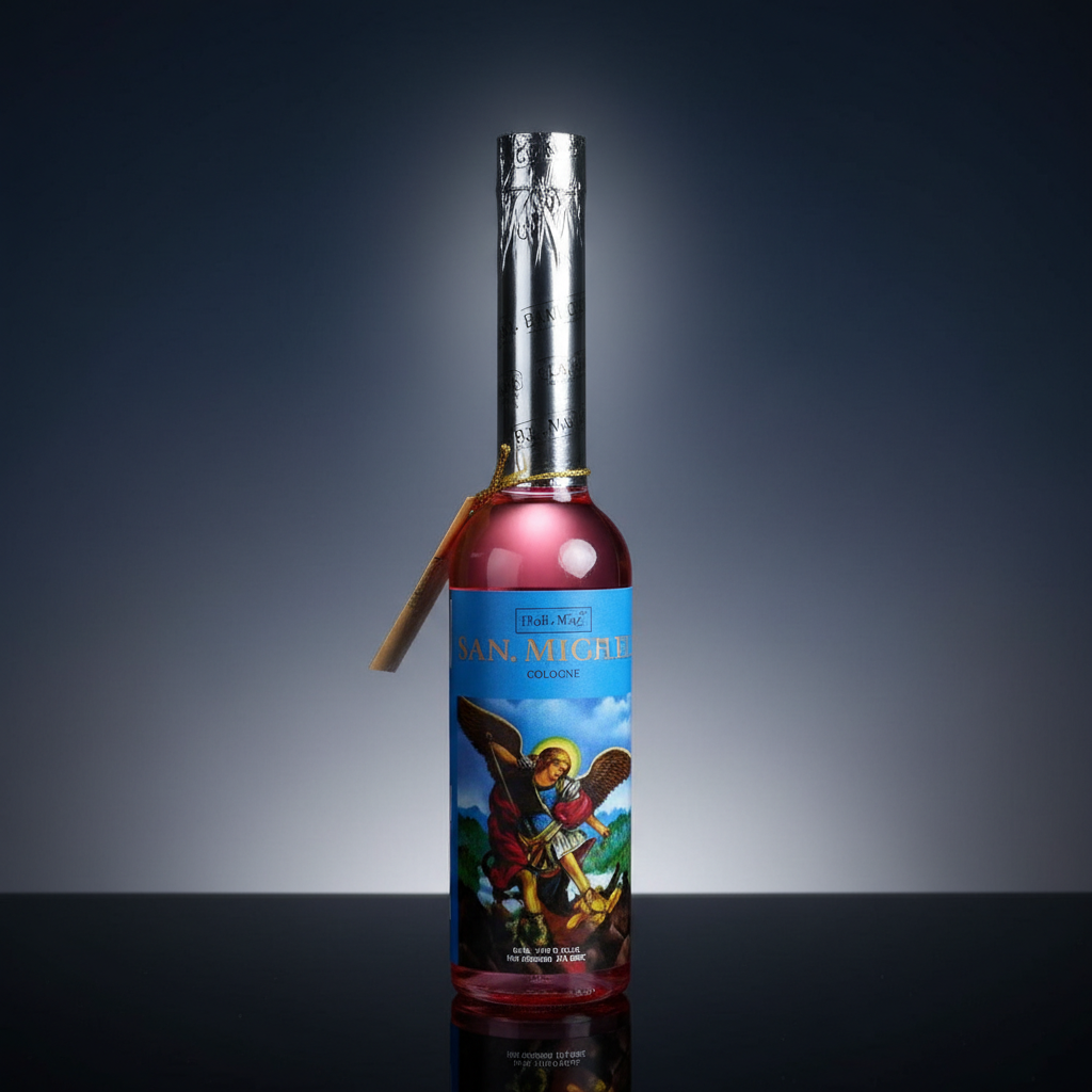 Capture a close-up, highly detailed studio shot of the 'St. Michael Cologne, 7.5 oz', positioned upright on a reflective black surface. The scene is illuminated with HDR studio lighting, utilizing a softbox to create gentle, even light that highlights the 