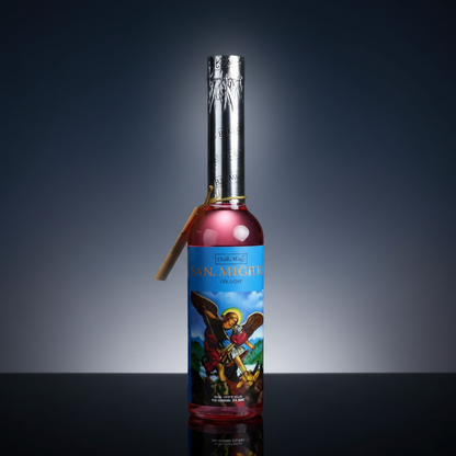 Capture a close-up, highly detailed studio shot of the 'St. Michael Cologne, 7.5 oz', positioned upright on a reflective black surface. The scene is illuminated with HDR studio lighting, utilizing a softbox to create gentle, even light that highlights the 