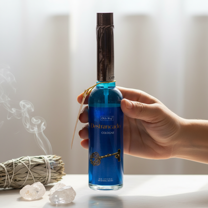 Create a refined lifestyle scene where the 'Unlock Ohli Cologne, 7.5 oz' is held by an empathetic, well-lit hand emerging from a softly illuminated, neutral-toned background. Employ a diffused daylight studio setup with rim lighting to accentuate the silho