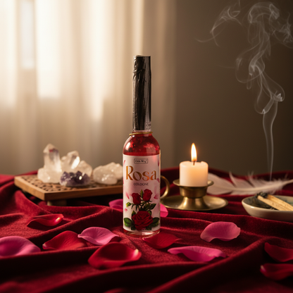 A vibrant lifestyle scene showcasing the Rose Cologne by Ohli Way, 7.5 oz in an atmospheric, softly lit setting designed for spiritual practitioners. The cologne bottle sits atop a richly textured, deep red velvet cloth, with gentle, diffused daylight filt
