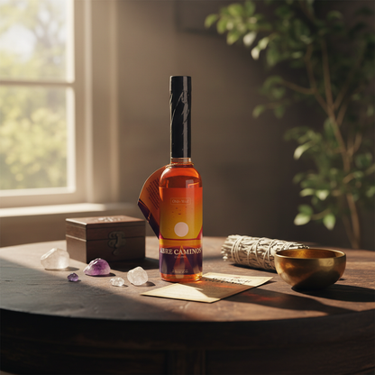 Design a luxurious lifestyle-themed image featuring the Open Road Cologne on a vintage wooden table inside a calm, wellness-inspired space. Set the scene with warm, diffused natural light streaming through a window, creating inviting shadows and gentle ref