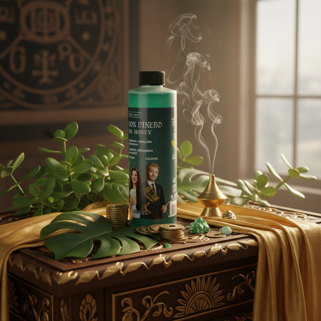 Generate a vivid studio scene featuring Mr. Money Ohli Cologne positioned on a richly styled altar or ritual table, shot from a side angle at eye level using a 70mm lens to emphasize the product's presence. Use HDR studio lighting to sharply highlight the 