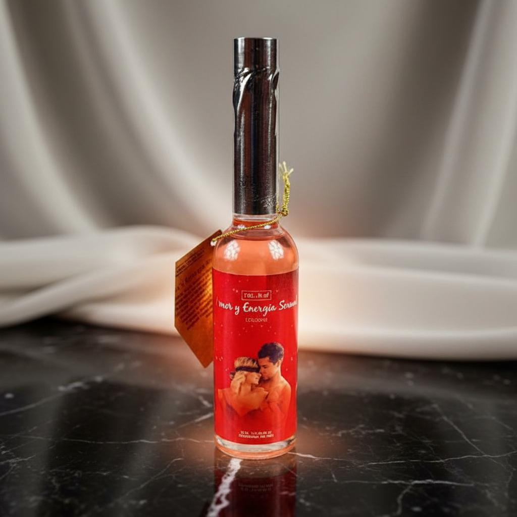 Create a luxurious, high-resolution image of the 'Love and Sexual Energy Cologne' placed on a sleek, reflective black marble surface, illuminated by softbox studio lighting that emphasizes the elegance and intricate design of the 7.5 oz bottle. Capture the