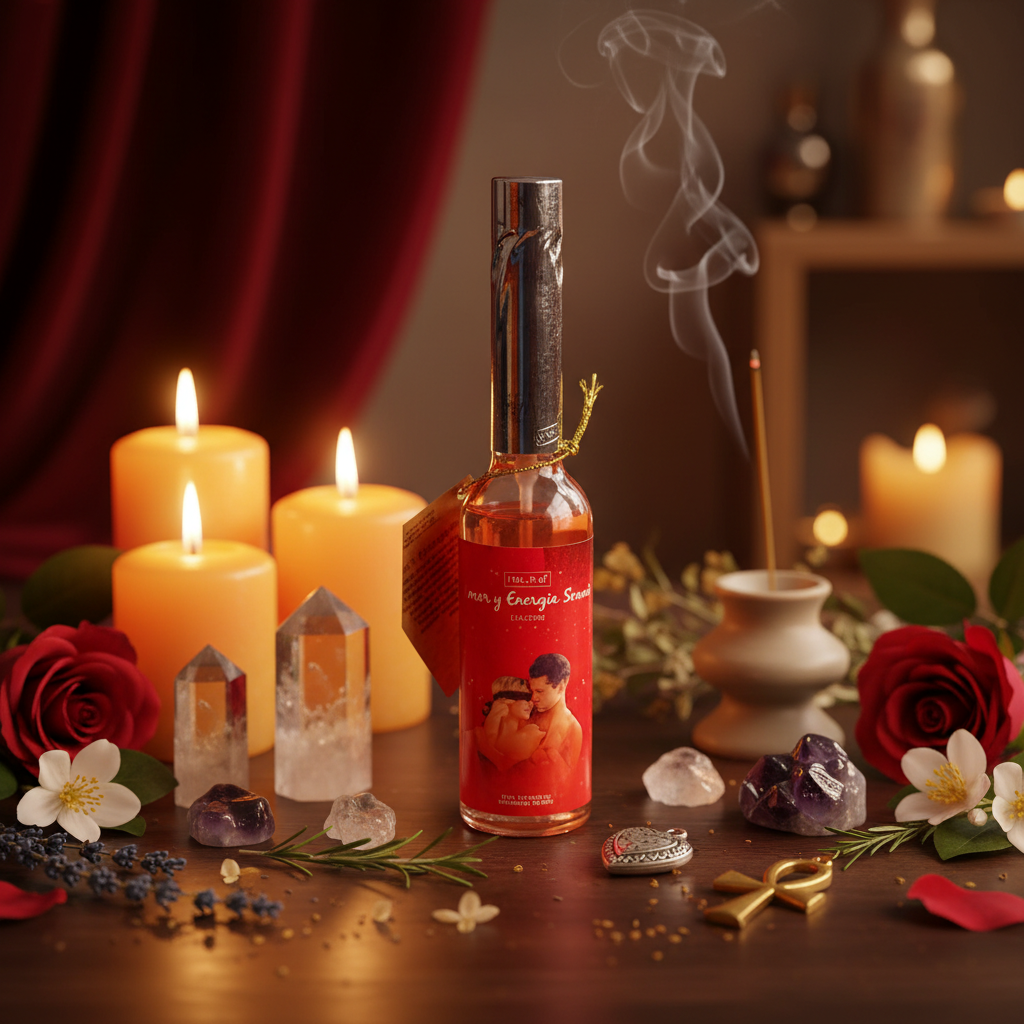 Compose a sophisticated lifestyle scene featuring the Love and Sexual Energy Cologne prominently in a ritualistic setting, arranged among elements like candles, crystals, and incense in a warmly lit room. Use HDR studio lighting to create a balanced, invit