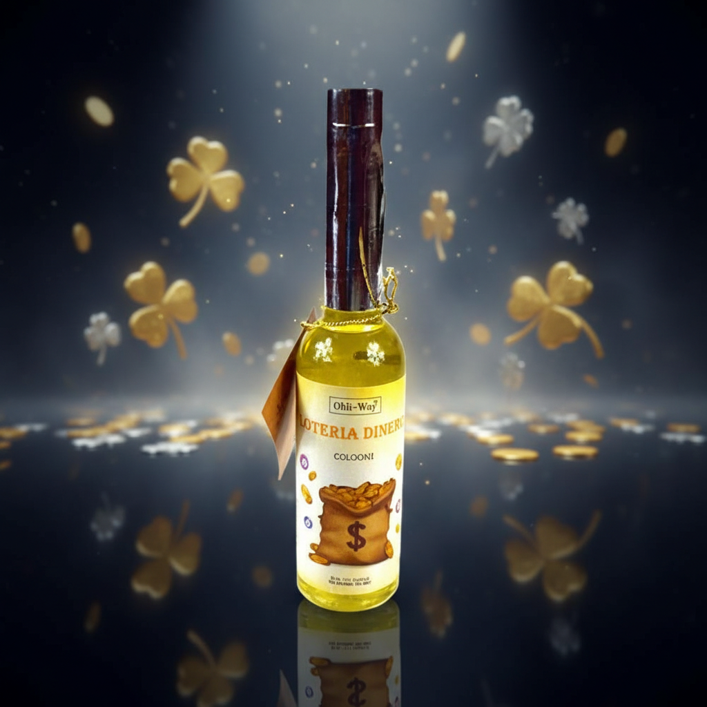 Create a highly detailed, cinematic studio shot of the 'Ohli Lottery Cologne, 7.5 oz' positioned centrally on a sleek, reflective black surface. Use softbox lighting to enhance the rich textures of the glass bottle, capturing the transparency and the subtl