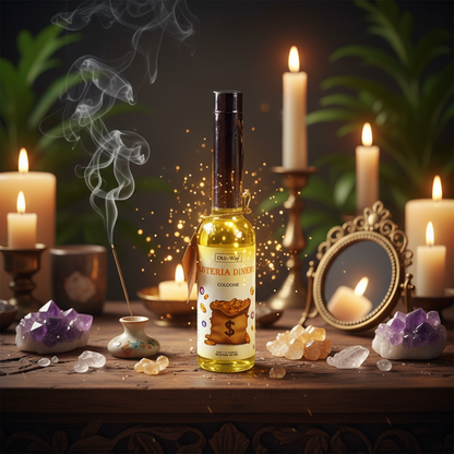 Design a vivid lifestyle scene depicting a mystical ritual setup where the 'Ohli Lottery Cologne' is placed on an antique wooden altar surrounded by ritual objects like crystal chips, incense, and a small, ornate mirror. Use HDR studio lighting with balanc