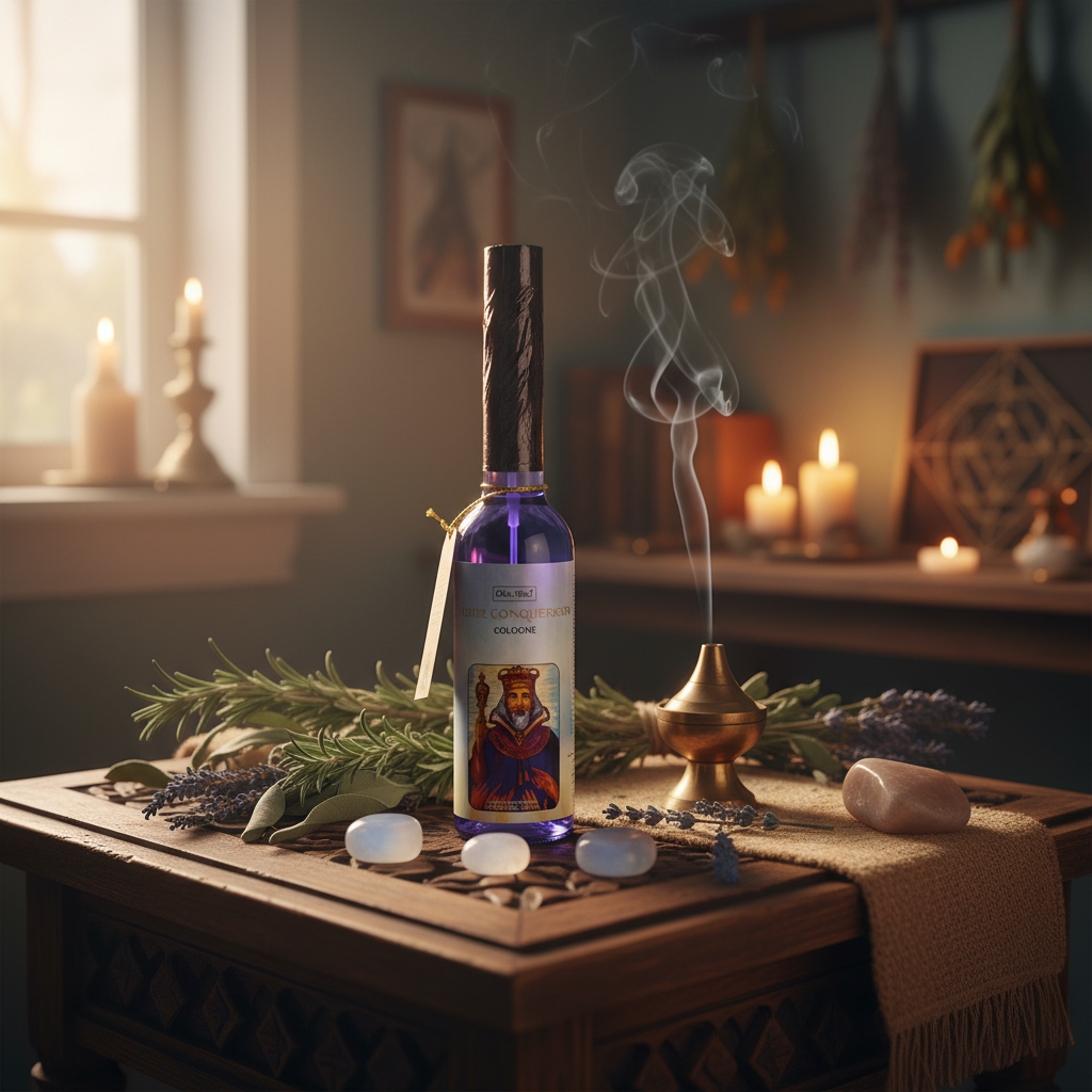 Create a captivating lifestyle scene featuring the John the Conqueror Cologne bottle on a ritual altar set in a softly lit, meditative space. Use diffused daylight augmented with rim lighting to give a warm, inviting glow to the glass bottle, showcasing it