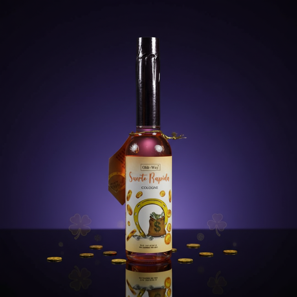 Create a highly detailed, cinematic studio shot of the 'Fast Luck Ohli Cologne, 7.5 oz' positioned at the center of a sleek, reflective black surface, illuminated by a softbox lighting setup that produces gentle yet ample diffuse daylight, emphasizing the 