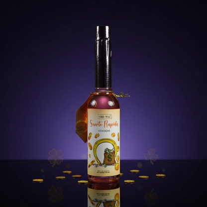 Create a highly detailed, cinematic studio shot of the 'Fast Luck Ohli Cologne, 7.5 oz' positioned at the center of a sleek, reflective black surface, illuminated by a softbox lighting setup that produces gentle yet ample diffuse daylight, emphasizing the 