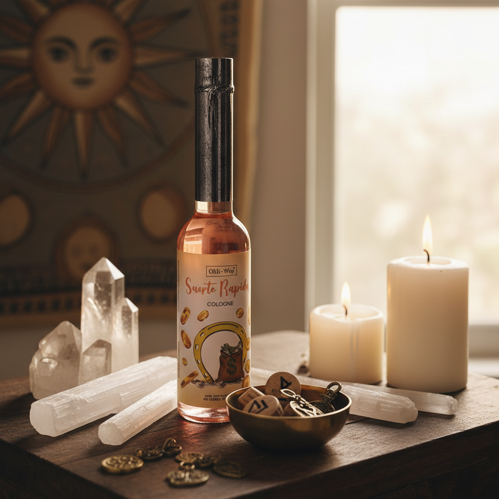 Design a captivating lifestyle setting featuring the 'Fast Luck Ohli Cologne, 7.5 oz' displayed on a vintage wooden altar adorned with crystals, candles, and selenite sticks, under a natural, diffused daylight window glowing softly into the scene. The colo