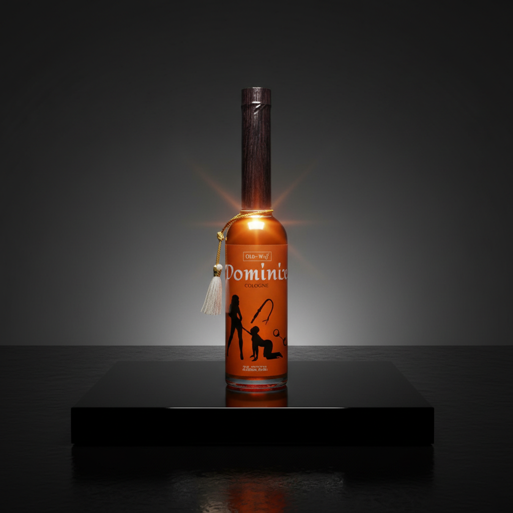 A high-resolution studio shot of Dominance Cologne, 7.5 oz, presented on a sleek, reflective black platform. The scene uses HDR studio lighting with softboxes to create a luminous glow around the bottle, emphasizing its faceted glass texture and metallic a
