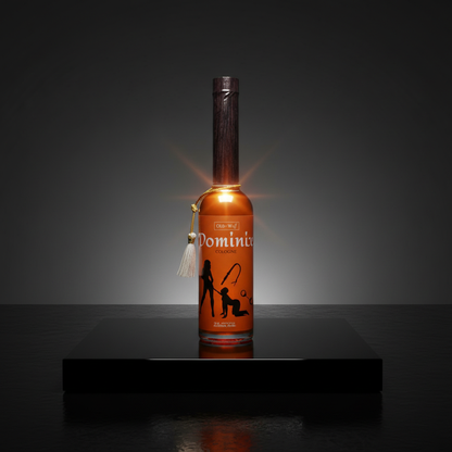 A high-resolution studio shot of Dominance Cologne, 7.5 oz, presented on a sleek, reflective black platform. The scene uses HDR studio lighting with softboxes to create a luminous glow around the bottle, emphasizing its faceted glass texture and metallic a