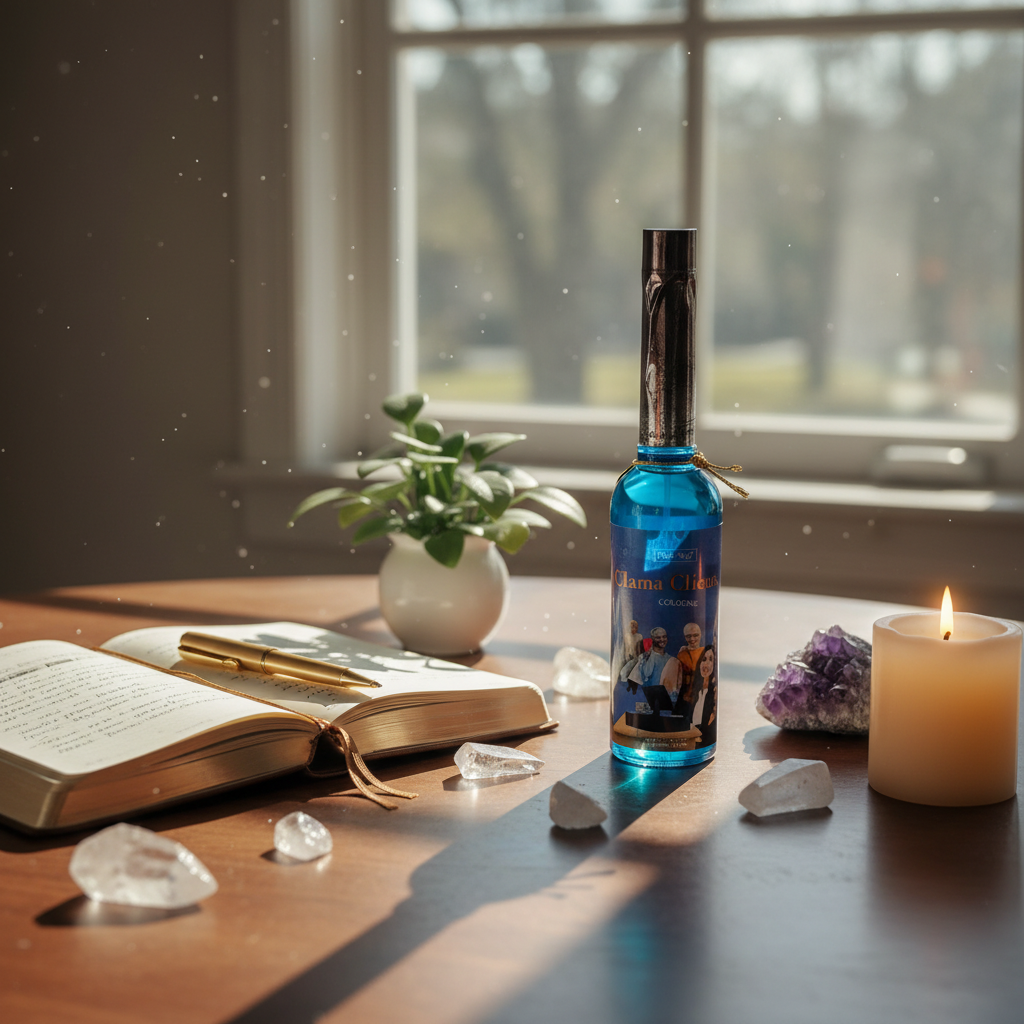 Create a compelling lifestyle scene featuring the 'Call Clients Cologne' in an early morning ritual setting. Place the cologne on a polished wooden desk near an open journal, crystal points, and a softly glowing candle, with natural diffused daylight strea