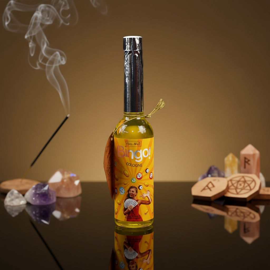 Create a cinematic studio shot of 'Bingo Ohli Cologne, 7.5 oz' on a sleek, reflective surface. Use softbox lighting to highlight its warm, inviting hues and detailed label. Capture from a slightly elevated angle with a 50mm lens, focusing sharply on the el