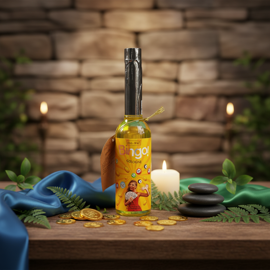 Depict 'Bingo Ohli Cologne, 7.5 oz' in a mystical, ritual-inspired setting inside a softly lit, ambient environment. Use HDR studio lighting with diffused daylight to gently illuminate the product, emphasizing its role as a powerful manifestation tool. Pos