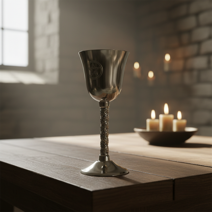 Create a cinematic, lifestyle scene featuring the 'Pentagram Chalice 4 3/4''', artistically presented on a rustic wooden altar in a softly lit, medieval-inspired chamber. Use natural diffused daylight supplemented by a rim light to create a gentle halo eff