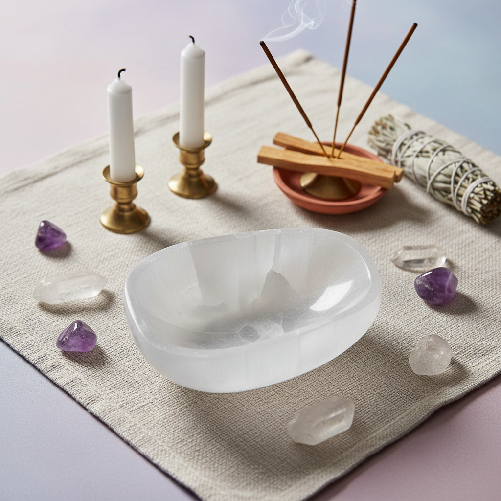 Create a high-resolution, cinematic studio image of a Selenite Altar Bowl measuring 4-5 inches, captured from an overhead, top-down shot with a macro lens setting at 100mm focal length, emphasizing the smooth, translucent, and luminescent qualities of the 