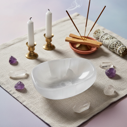 Create a high-resolution, cinematic studio image of a Selenite Altar Bowl measuring 4-5 inches, captured from an overhead, top-down shot with a macro lens setting at 100mm focal length, emphasizing the smooth, translucent, and luminescent qualities of the 