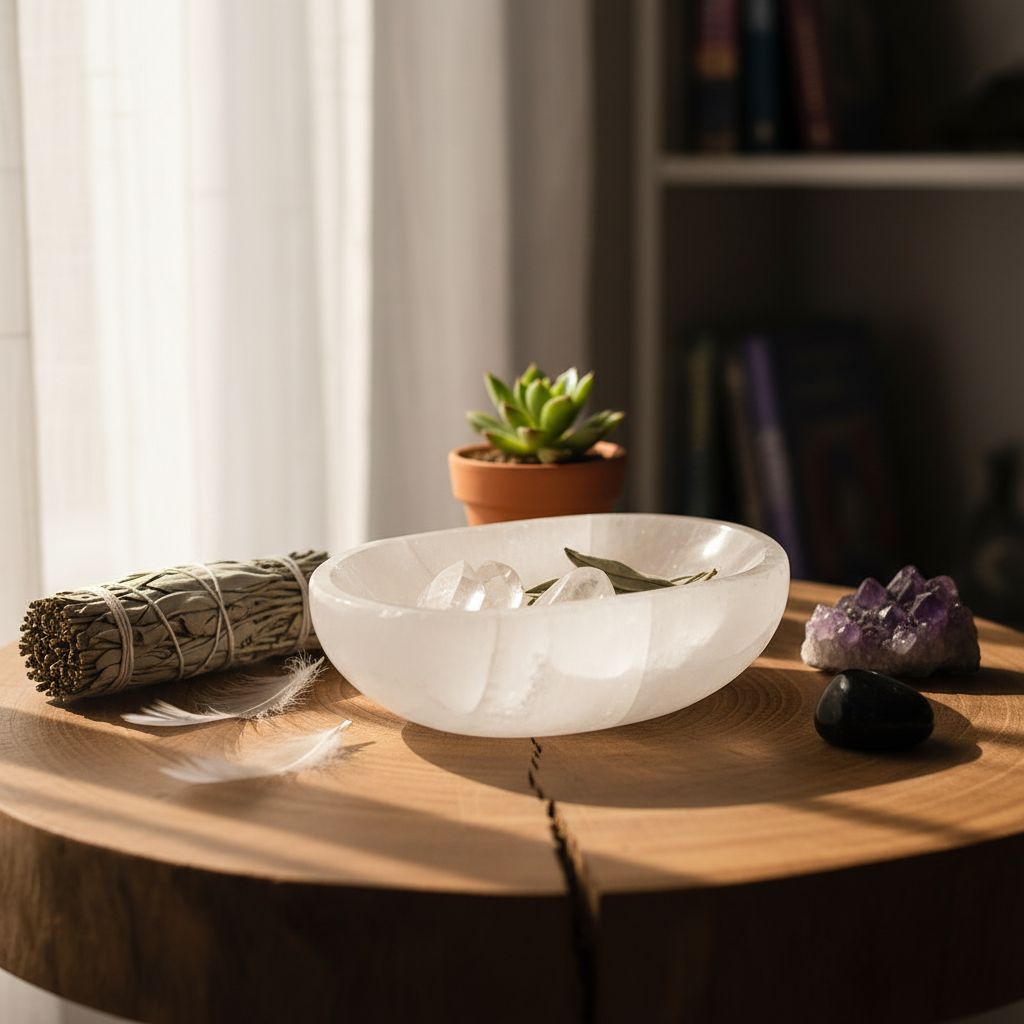 Design a lifestyle scene featuring the Selenite Altar Bowl, 4-5 inches, styled as the centerpiece of a spiritual practitioner's tranquil altar setup. The bowl is nestled on a rich, natural wood surface with ambient daylight filtering through sheer, white c