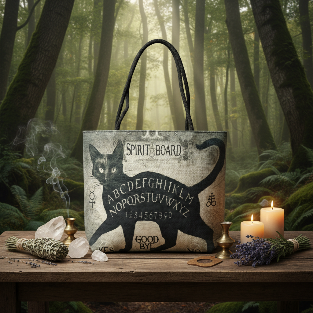 Create a vibrant, lifestyle-oriented image showcasing the Cat Spirit Board Tote Bag in a mystical outdoor setting. Use natural, diffused daylight enhanced with HDR studio light effects to ensure crisp detail and vibrant color reproduction. The scene is set