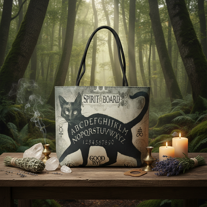 Create a vibrant, lifestyle-oriented image showcasing the Cat Spirit Board Tote Bag in a mystical outdoor setting. Use natural, diffused daylight enhanced with HDR studio light effects to ensure crisp detail and vibrant color reproduction. The scene is set
