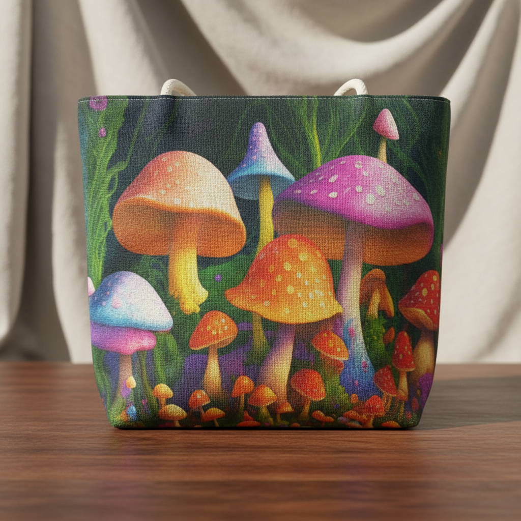 Capture a high-resolution studio shot of the Mushroom Tote Bag, 17 x 17 inches, centered in a light-filled space. Use controlled softbox lighting to highlight the textured fabric, which embodies earthy, natural fibers with a subtle matte finish. The bag re