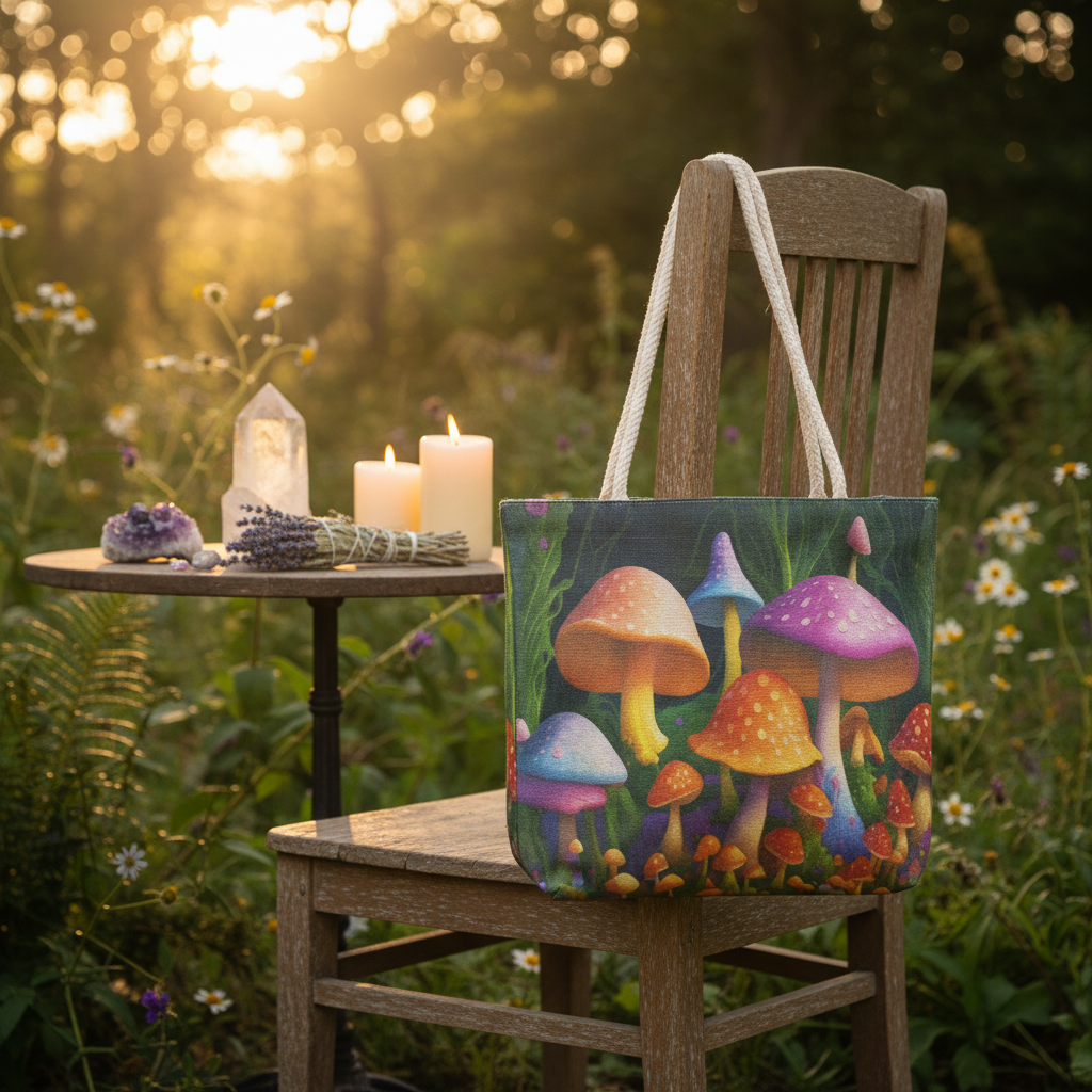Create a lifestyle scene featuring the Mushroom Tote Bag, 17 x 17 inches, styled in a serene, natural outdoor setting during golden hour. Capture the bag hanging from a vintage wooden chair beside a small table with crystals, herbs, and candles to evoke ri