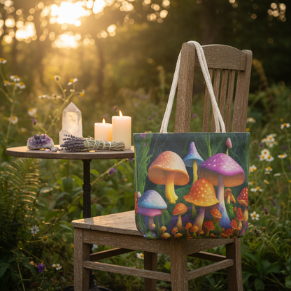 Create a lifestyle scene featuring the Mushroom Tote Bag, 17 x 17 inches, styled in a serene, natural outdoor setting during golden hour. Capture the bag hanging from a vintage wooden chair beside a small table with crystals, herbs, and candles to evoke ri