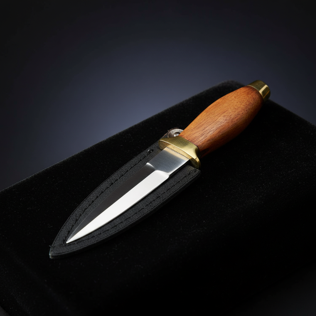 Capture a highly detailed, cinematic studio scene featuring the wooden handled athame, 6-inch blade, displayed on a deep black velvet surface under softbox lighting that emphasizes the natural grain and texture of the wood handle. The camera angle is a clo