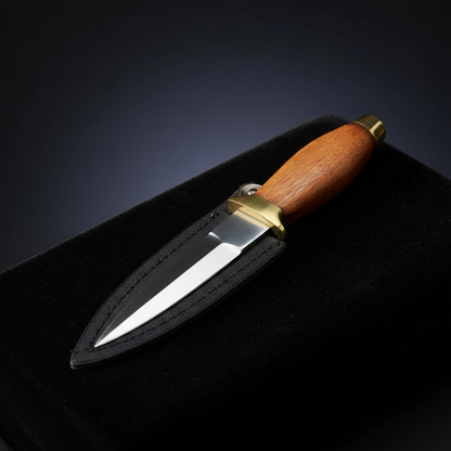 Capture a highly detailed, cinematic studio scene featuring the wooden handled athame, 6-inch blade, displayed on a deep black velvet surface under softbox lighting that emphasizes the natural grain and texture of the wood handle. The camera angle is a clo