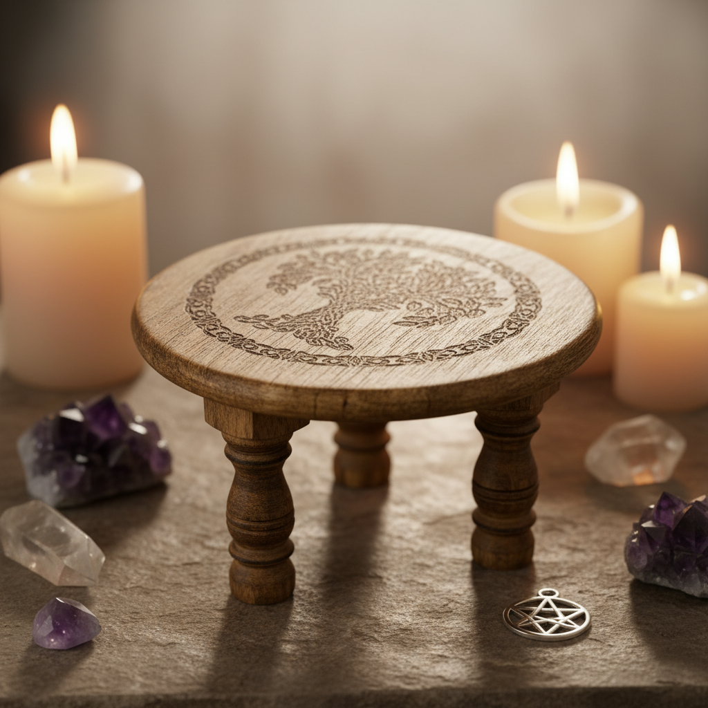 Capture a close-up shot of the Tree of Life Altar Table set against a softly blurred, ethereal ritual space backdrop, illuminated by HDR studio lighting that highlights the intricate carvings of the tree and its textured bark. Use a macro lens with a 100mm