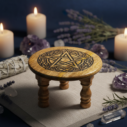Craft a highly detailed, cinematic image of a Pentagram Altar Table, measuring 6 inches in diameter and 4 inches in height, set in a mystical ritual environment. Use softbox lighting to create a gentle glow that highlights the intricate carvings of the pen