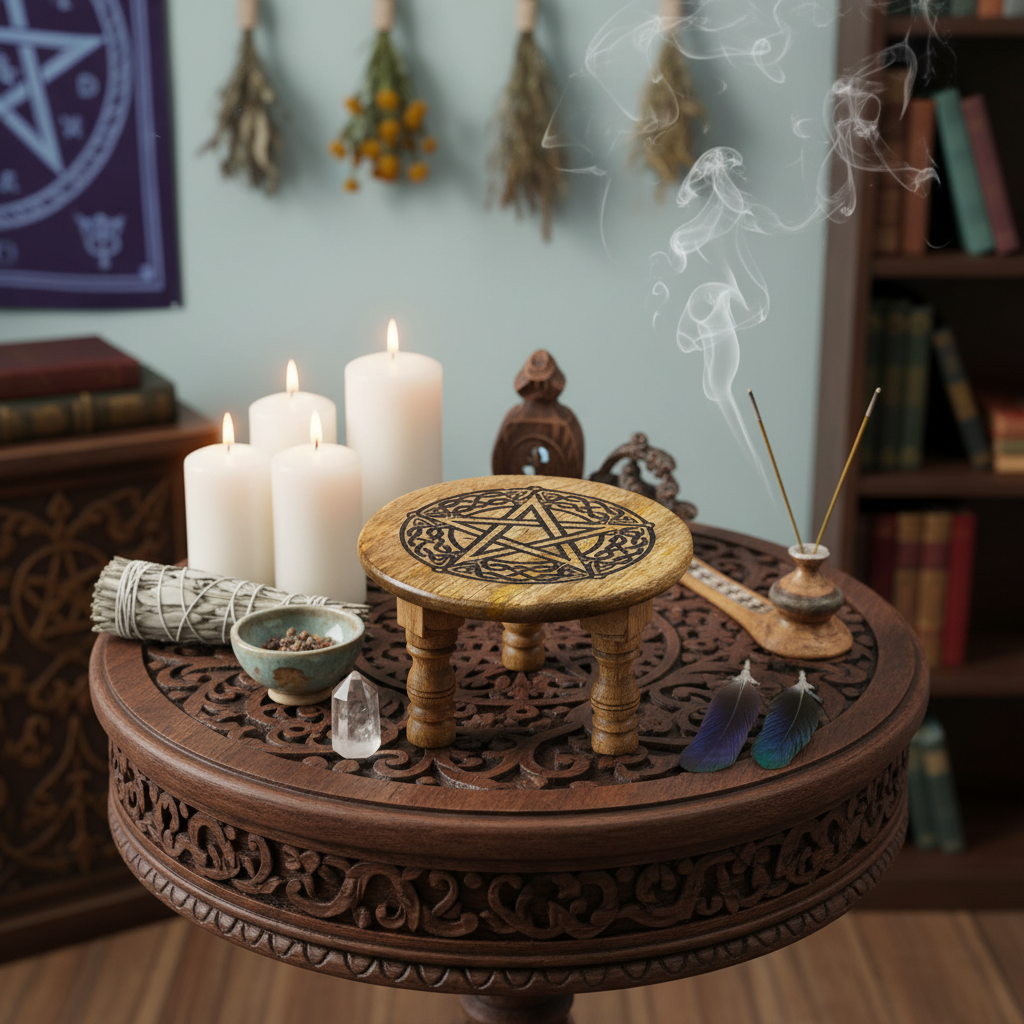 Design a high-resolution, studio-style lifestyle scene of the Pentagram Altar Table as a centerpiece on an altar table, placed within a ritual practitioner's sacred space. Use HDR studio lighting to evenly illuminate the scene with a balanced, diffuse dayl