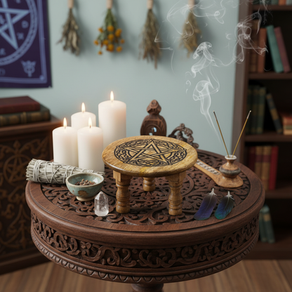 Design a high-resolution, studio-style lifestyle scene of the Pentagram Altar Table as a centerpiece on an altar table, placed within a ritual practitioner's sacred space. Use HDR studio lighting to evenly illuminate the scene with a balanced, diffuse dayl