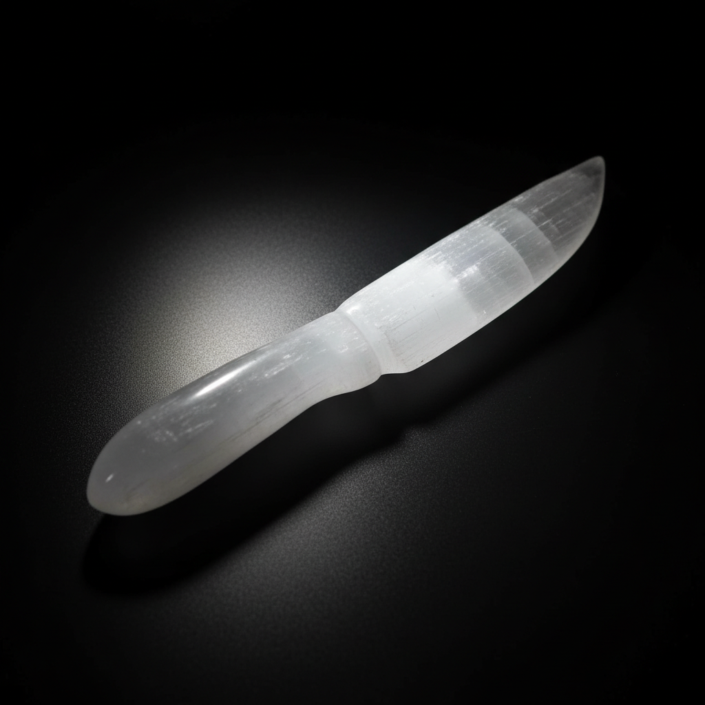 Capture a highly detailed, studio-shot image of a Selenite Athame, 7.5 inches, illuminated under a softbox light to highlight its smooth, translucent crystalline structure. The camera is angled at a slight top-down perspective with a 50mm focal length, cre