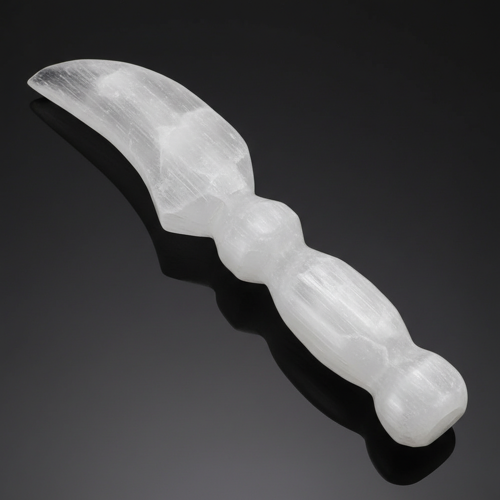 A highly detailed studio shot of the Selenite Crystal Athame, 10 inches, photographed from an elevated angle to emphasize its elongated form and intricate crystalline textures. The scene features softbox lighting with gentle diffused daylight mimicking nat